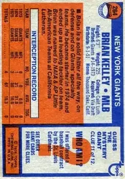 1976 Topps #264 - Brian Kelley - New York Giants - Back