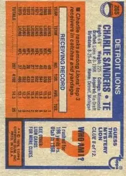 1976 Topps #265 - Charlie Sanders - Detroit Lions - Back