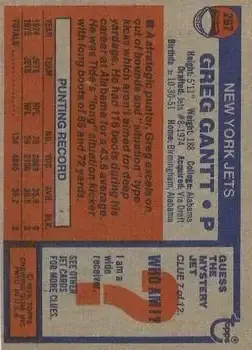 1976 Topps #267 - Greg Gantt - New York Jets - Back