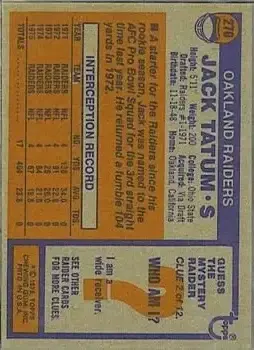 1976 Topps #270 - Jack Tatum - Oakland Raiders - Back