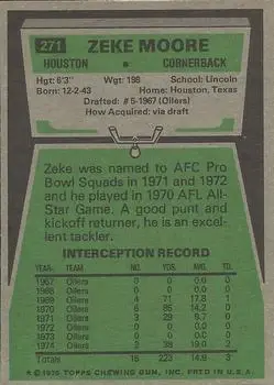 1975 Topps #271 - Zeke Moore - Houston Oilers - Back