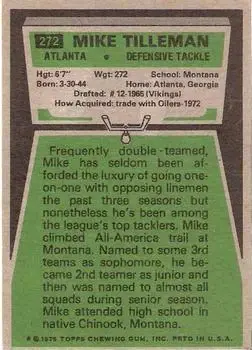 1975 Topps #272 - Mike Tilleman - Atlanta Falcons - Back