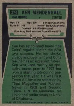 1975 Topps #274 - Ken Mendenhall - Baltimore Colts - Back 1975 Topps #274 - Ken Mendenhall - Baltimore Colts - Back