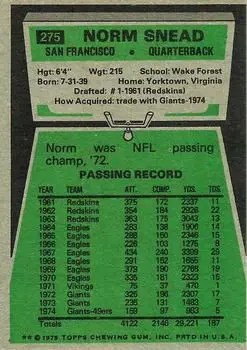 1975 Topps #275 - Norm Snead - San Francisco 49ers - Back