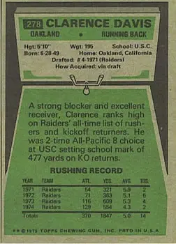 1975 Topps #278 - Clarence Davis - Oakland Raiders - Back