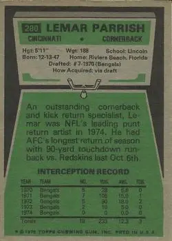 1975 Topps #280 - Lemar Parrish - Cincinnati Bengals - Back