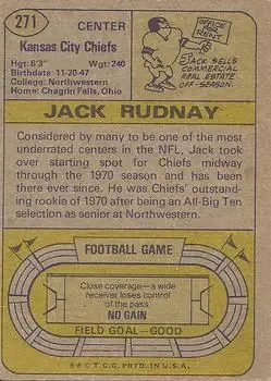 1974 Topps #271 - Jack Rudnay - Kansas City Chiefs - Back