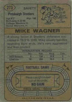 1974 Topps #273 - Mike Wagner - Pittsburgh Steelers - Back