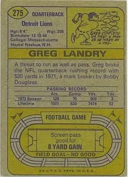 1974 Topps #275 - Greg Landry - Detroit Lions - Back