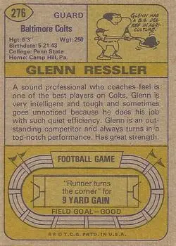 1974 Topps #276 - Glenn Ressler - Baltimore Colts - Back 1974 Topps #276 - Glenn Ressler - Baltimore Colts - Back