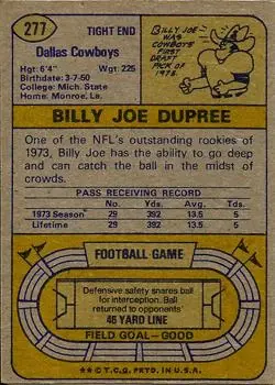 1974 Topps #277 - Billy Joe DuPree - Dallas Cowboys - Back