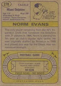 1974 Topps #278 - Norman Evans - Miami Dolphins - Back 1974 Topps #278 - Norman Evans - Miami Dolphins - Back