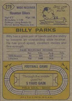 1974 Topps #279 - Billy Parks - Houston Oilers - Back