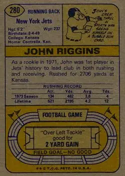 1974 Topps #280 - John Riggins - New York Jets - Back