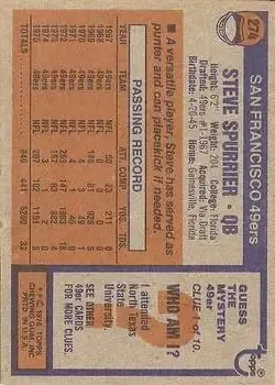 1976 Topps #274 - Steve Spurrier - San Francisco 49ers - Back