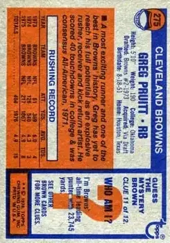 1976 Topps #275 - Greg Pruitt - Cleveland Browns - Back