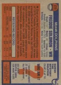 1976 Topps #278 - Freddie Solomon - Miami Dolphins - Back