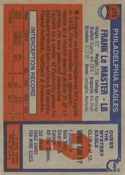 1976 Topps #279 - Frank LeMaster - Philadelphia Eagles - Back