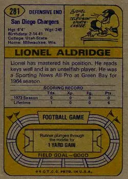 1974 Topps #281 - Lionel Aldridge - San Diego Chargers - Back