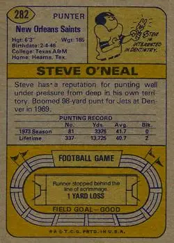 1974 Topps #282 - Steve O'Neal - New Orleans Saints - Back