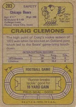 1974 Topps #283 - Craig Clemons - Chicago Bears - Back 1974 Topps #283 - Craig Clemons - Chicago Bears - Back