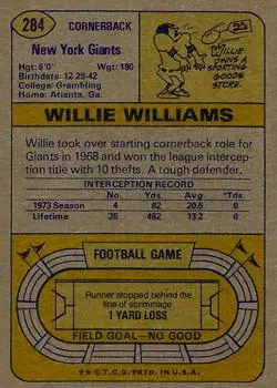 1974 Topps #284 - Willie Williams - New York Giants - Back 1974 Topps #284 - Willie Williams - New York Giants - Back