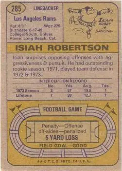 1974 Topps #285 - Isiah Robertson - Los Angeles Rams - Back
