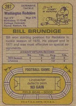 1974 Topps #287 - Bill Brundige - Washington Redskins - Back
