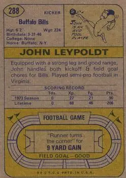 1974 Topps #288 - John Leypoldt - Buffalo Bills - Back 1974 Topps #288 - John Leypoldt - Buffalo Bills - Back