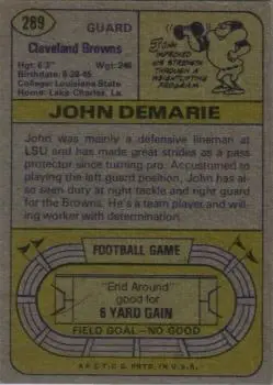 1974 Topps #289 - John DeMarie - Cleveland Browns - Back 1974 Topps #289 - John DeMarie - Cleveland Browns - Back