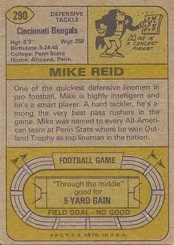 1974 Topps #290 - Mike Reid - Cincinnati Bengals - Back