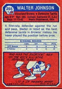 1973 Topps #255 - Walter Johnson - Cleveland Browns - Back