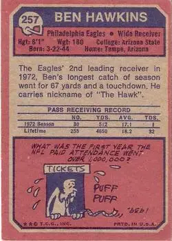 1973 Topps #257 - Ben Hawkins - Philadelphia Eagles