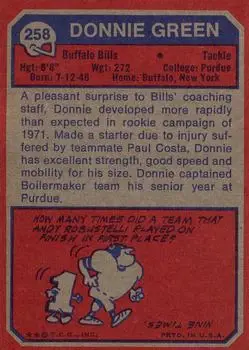 1973 Topps #258 - Donnie Green - Buffalo Bills - Back