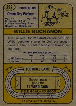 1974 Topps #292 - Willie Buchanon - Green Bay Packers - Back