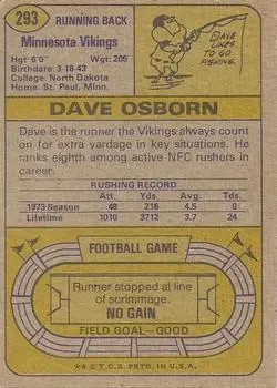 1974 Topps #293 - Dave Osborn - Minnesota Vikings - Back