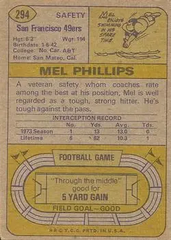 1974 Topps #294 - Mel Phillips - San Francisco 49ers - Back