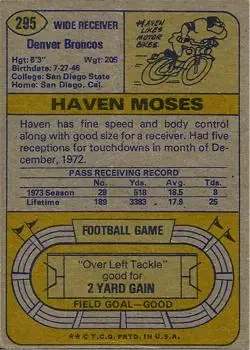 1974 Topps #295 - Haven Moses - Denver Broncos - Back
