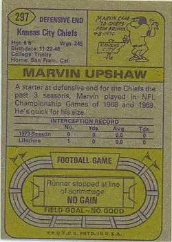 1974 Topps #297 - Marvin Upshaw - Kansas City Chiefs - Back
