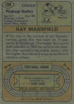 1974 Topps #298 - Ray Mansfield - Pittsburgh Steelers - Back