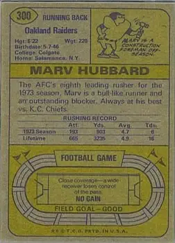 1974 Topps #300 - Marv Hubbard - Oakland Raiders - Back