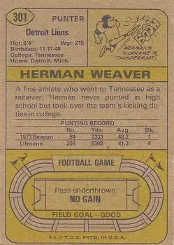 1974 Topps #301 - Herman Weaver - Detroit Lions - Back