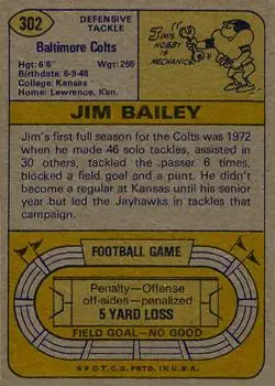 1974 Topps #302 - Jim Bailey - Baltimore Colts - Back