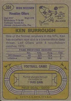 1974 Topps #304 - Ken Burrough - Houston Oilers - Back