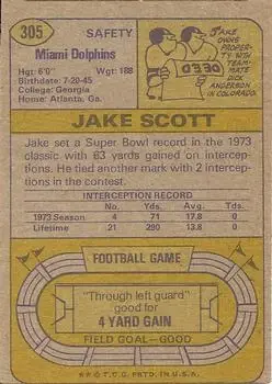 1974 Topps #305 - Jake Scott - Miami Dolphins 1974 Topps #305 - Jake Scott - Miami Dolphins