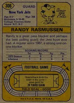 1974 Topps #306 - Randy Rasmussen - New York Jets - Back