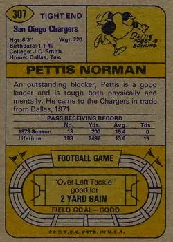 1974 Topps #307 - Pettis Norman - San Diego Chargers - Back