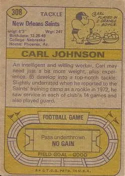 1974 Topps #308 - Carl Johnson - New Orleans Saints - Back