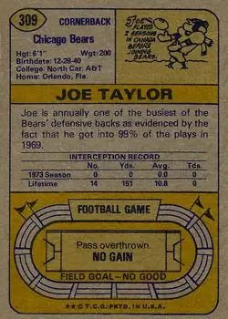 1974 Topps #309 - Joe Taylor - Chicago Bears - Back 1974 Topps #309 - Joe Taylor - Chicago Bears - Back
