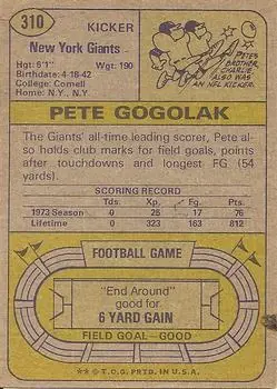 1974 Topps #310 - Pete Gogolak - New York Giants - Back